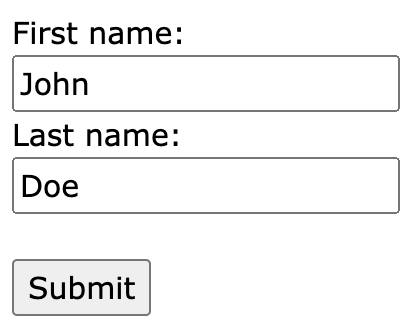 Image shows the rendered form in the browser, with two inputs, their corresponding labels, and the submit button